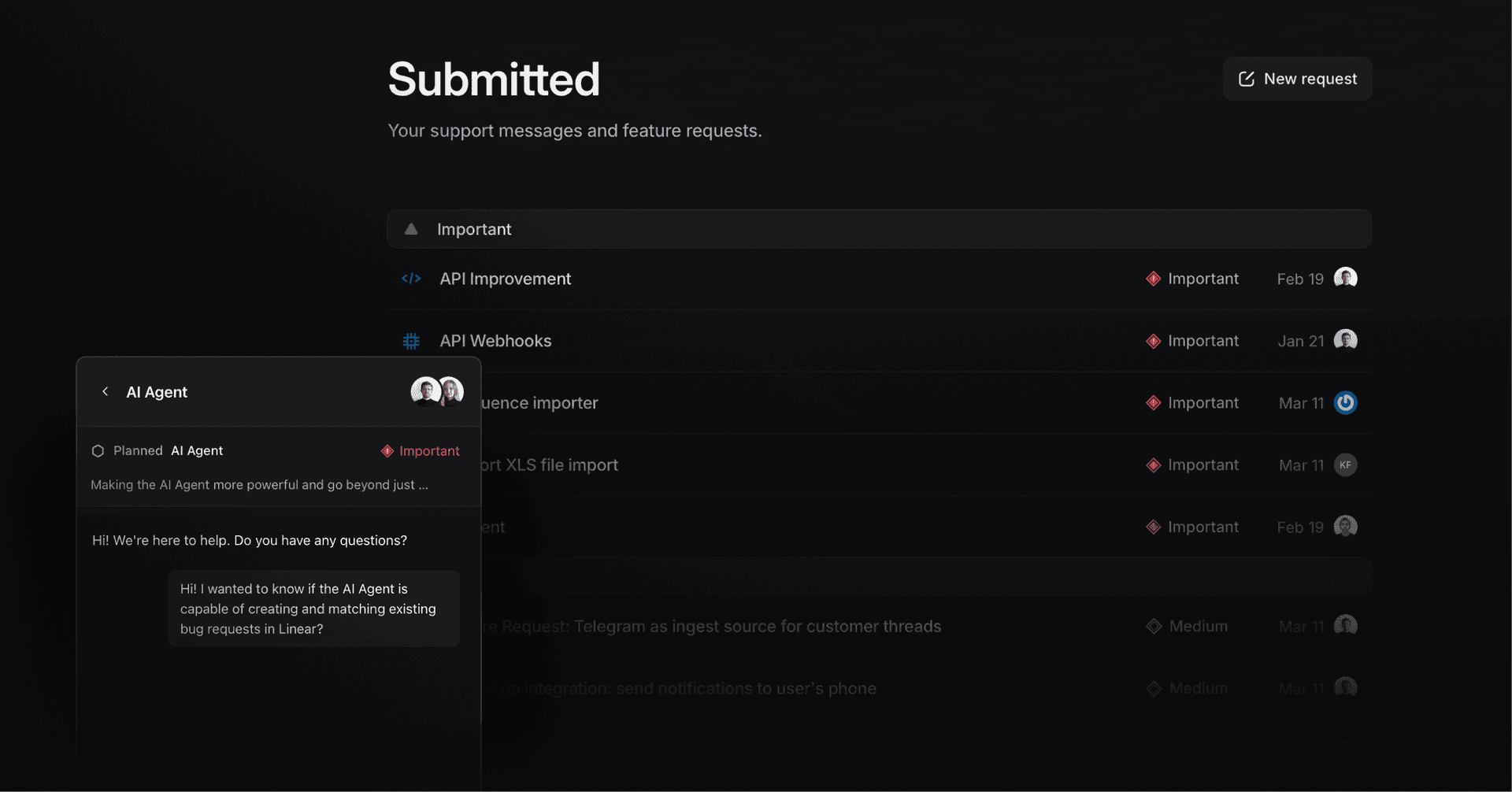 Support portal with embedded widget showing requests and live chat